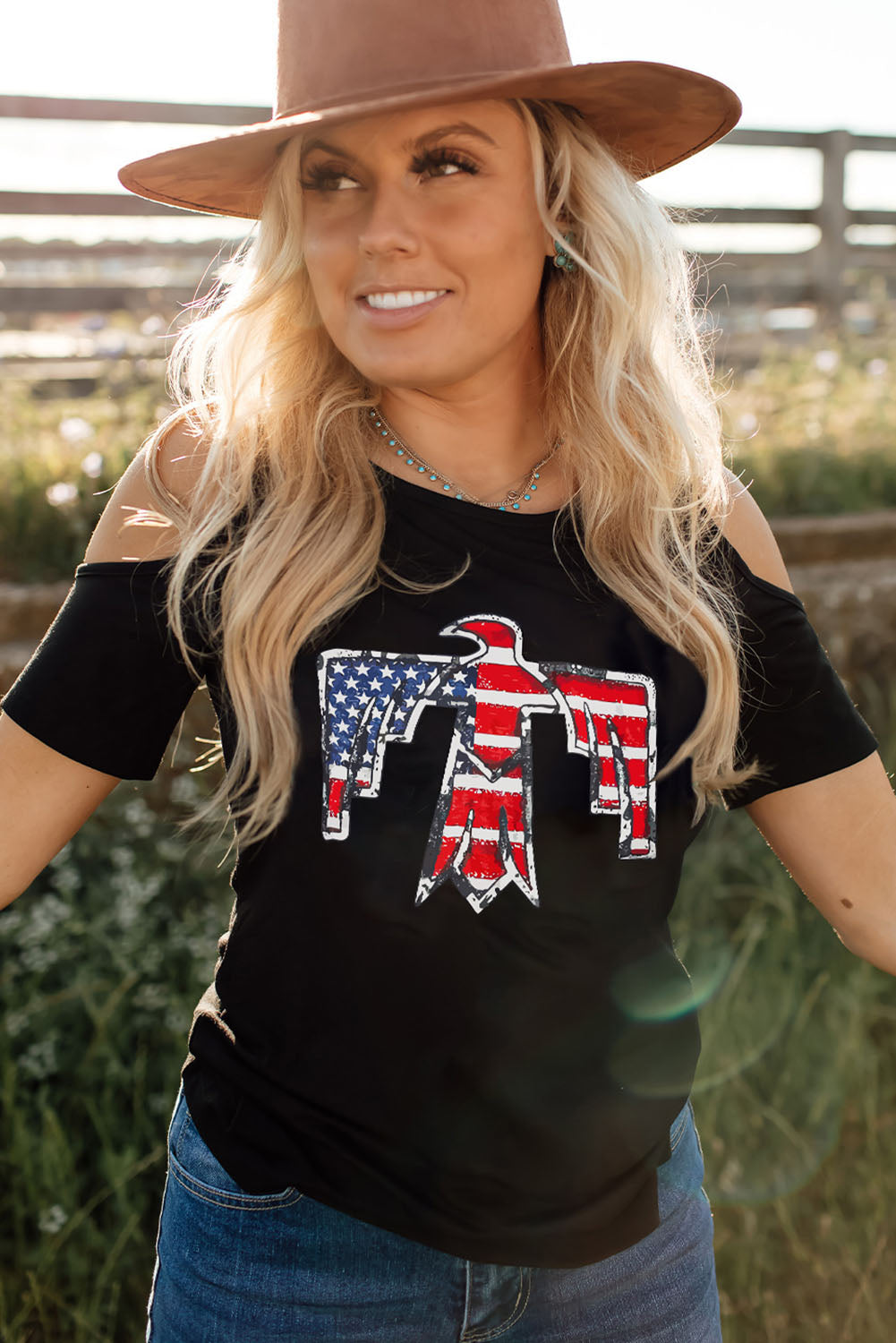 US Flag Bird Graphic Cold-Shoulder Tee The Stout Steer