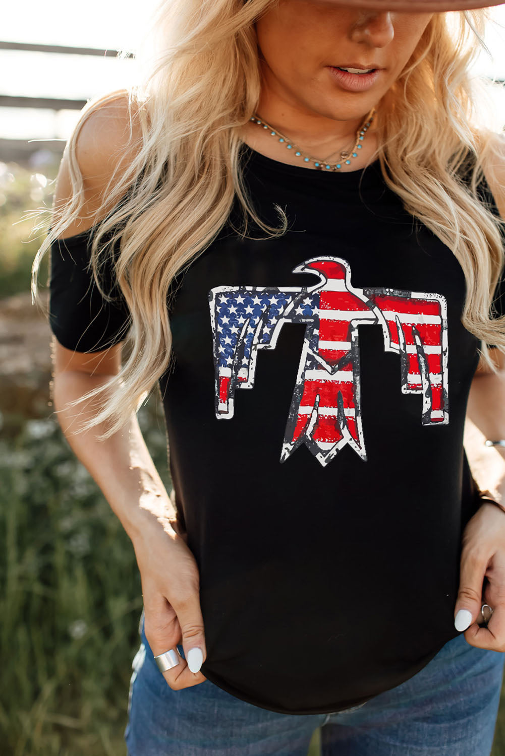 US Flag Bird Graphic Cold-Shoulder Tee The Stout Steer