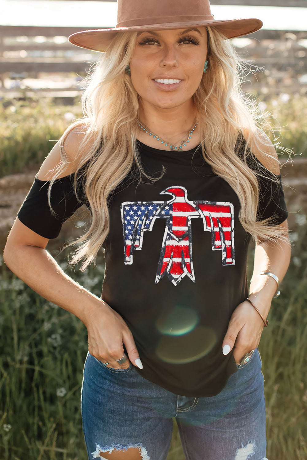 US Flag Bird Graphic Cold-Shoulder Tee The Stout Steer