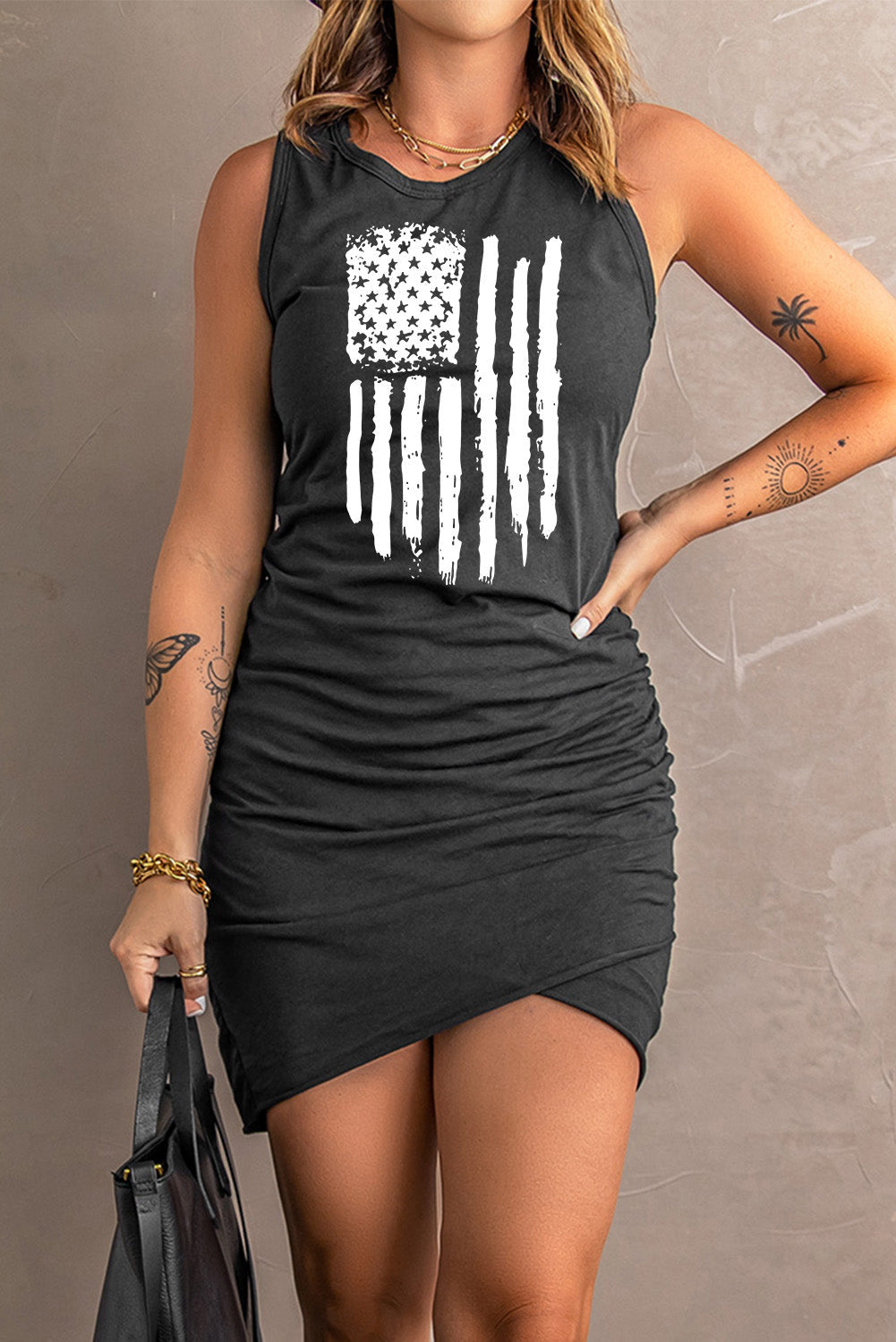 US Flag Graphic Tulip Hem Ruched Sleeveless Dress The Stout Steer