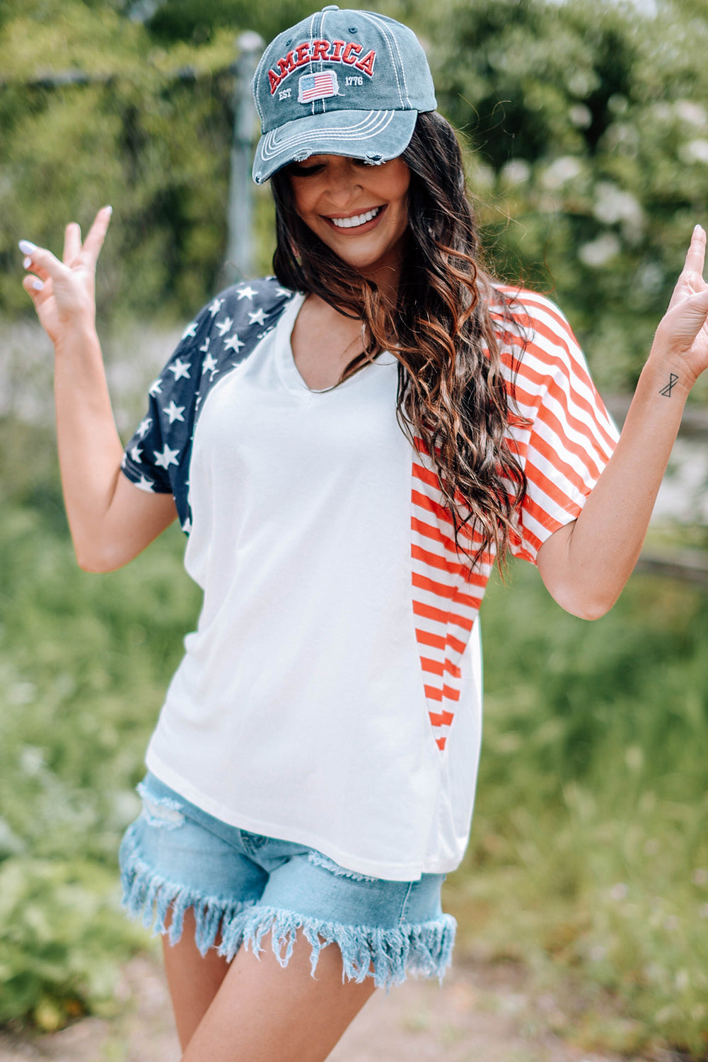 US Flag V-Neck Tee Shirt The Stout Steer