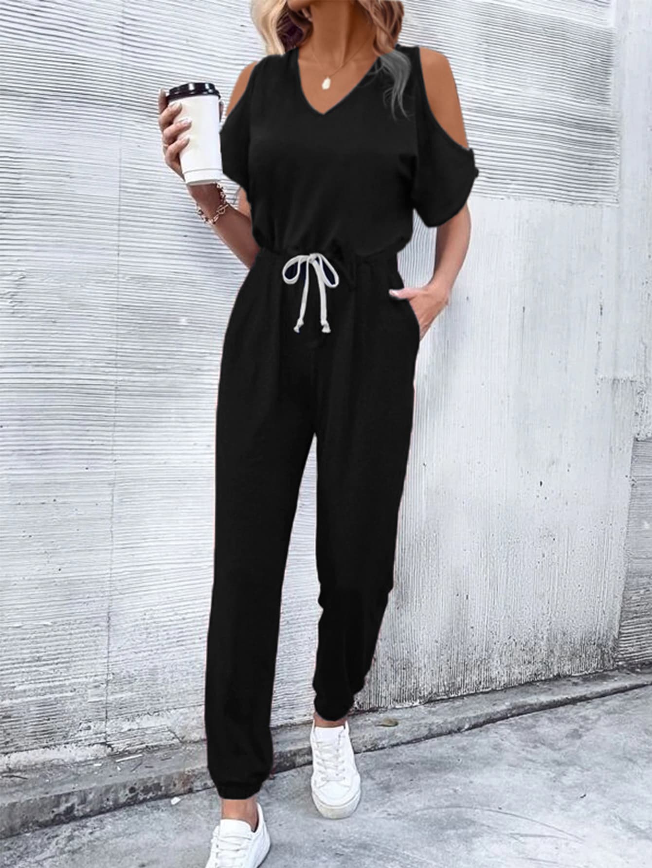 V-Neck Cold-Shoulder Jumpsuit with Pockets The Stout Steer
