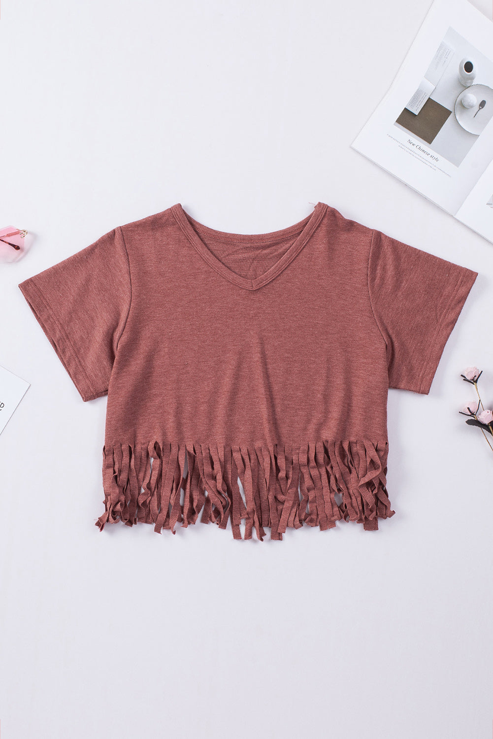 V-Neck Fringe Hem T-Shirt The Stout Steer