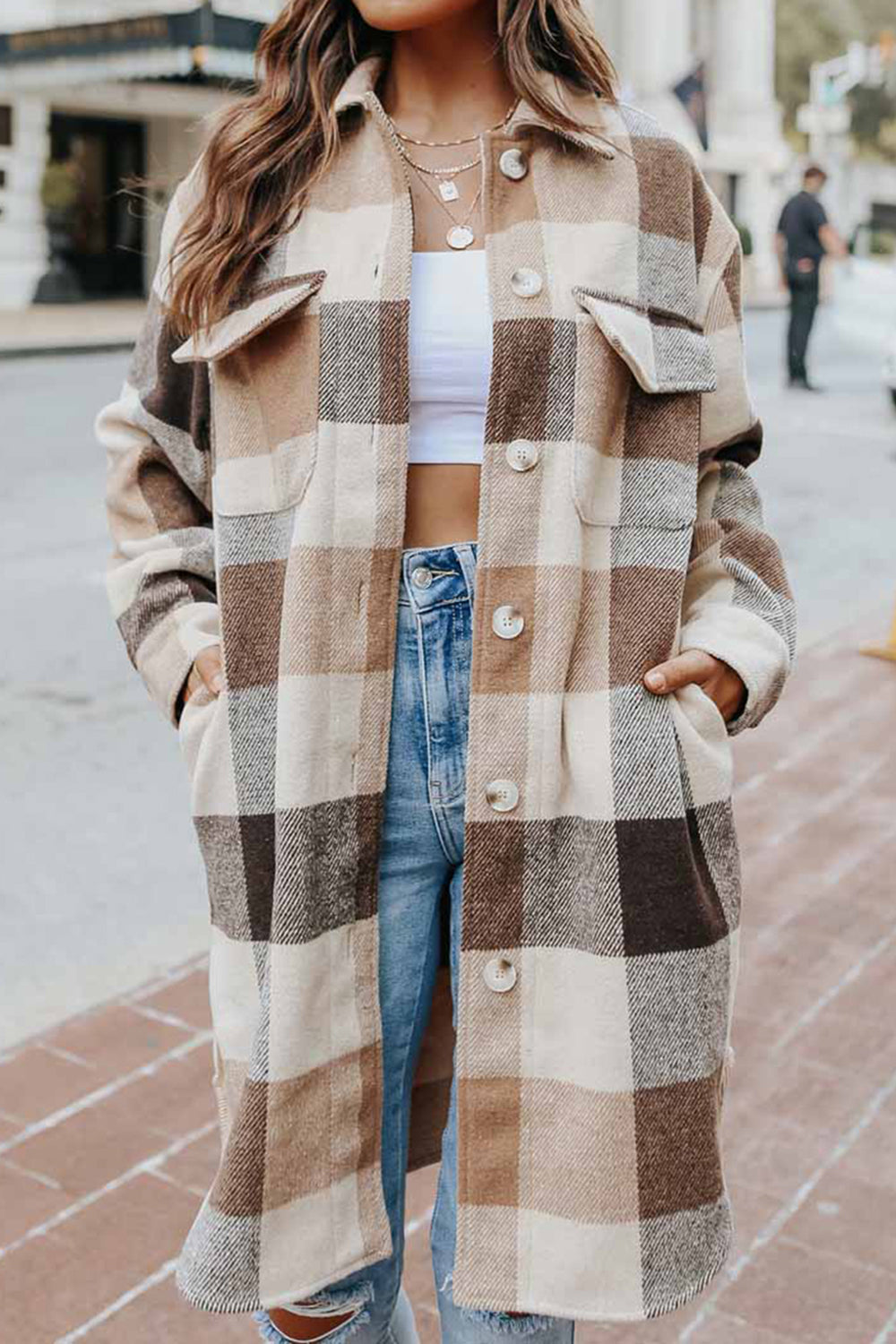 MeiMei Plaid Button Up Dropped Shoulder Coat