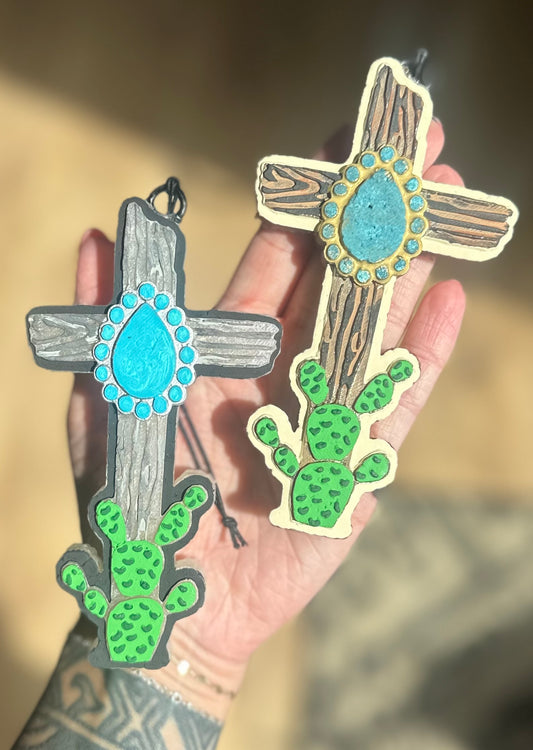 Wooden Cross With Concho & Cactus Freshie
