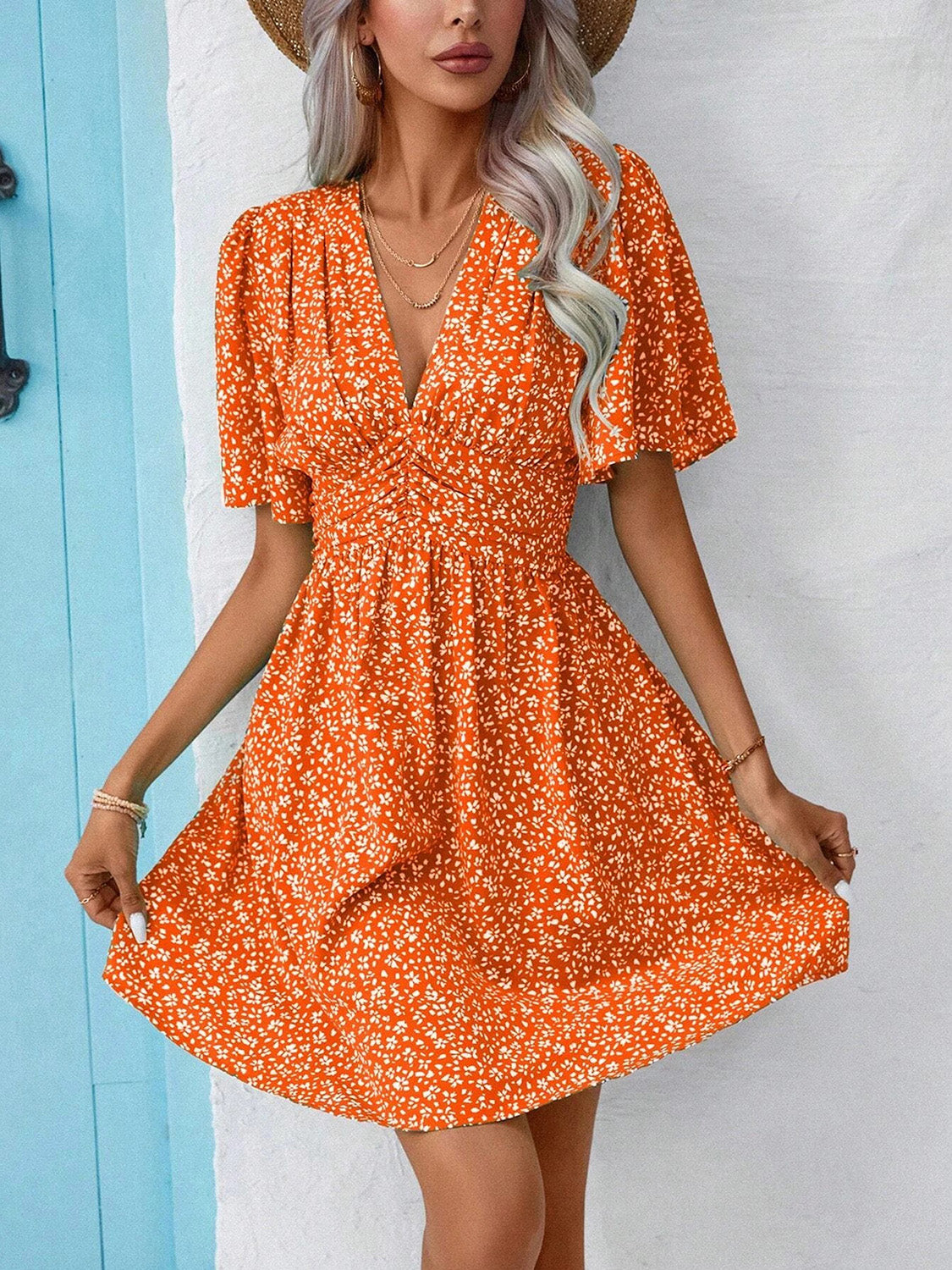 Printed V-Neck Half Sleeve Mini Dress