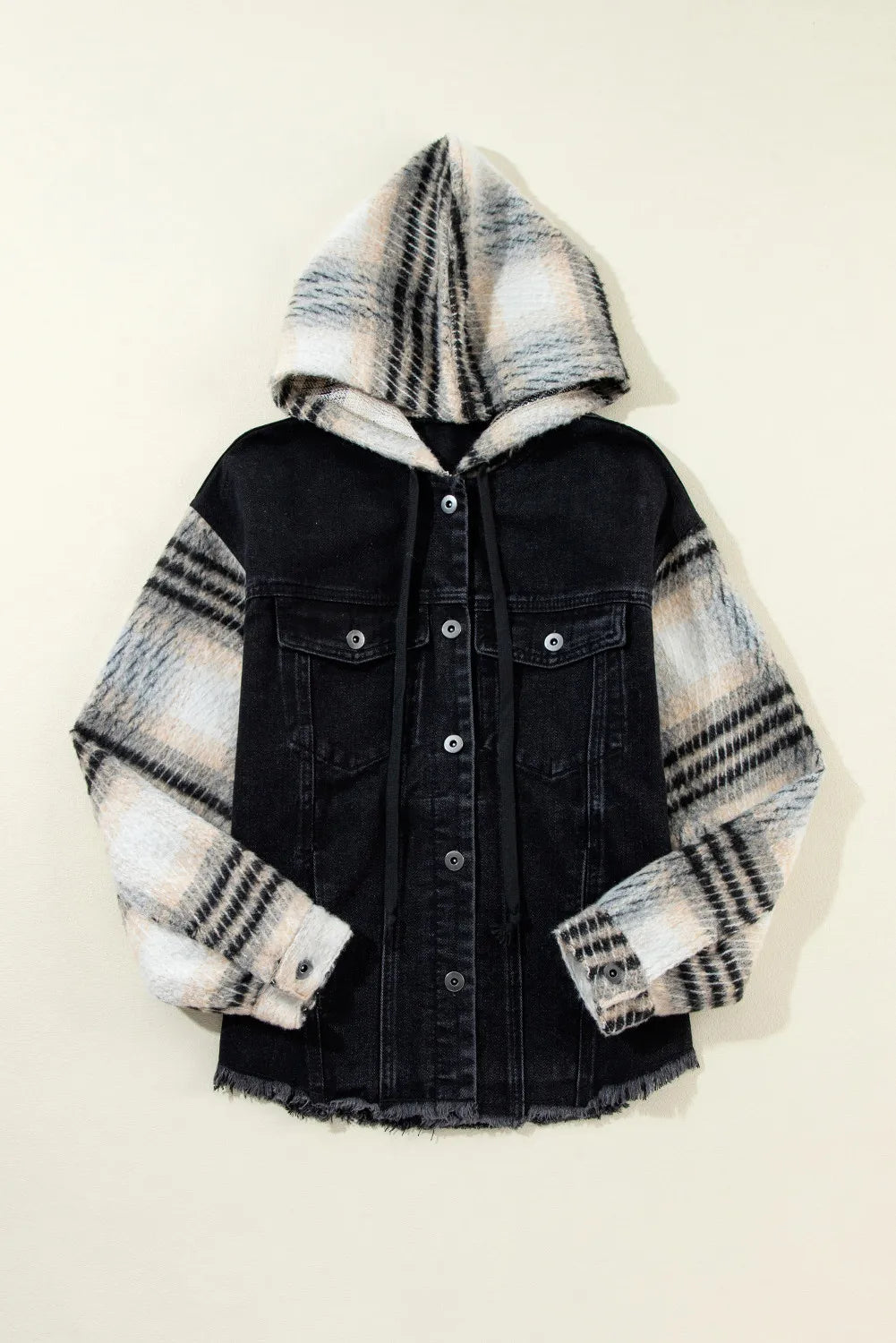 Drawstring Raw Hem Button Up Hooded Denim Jacket