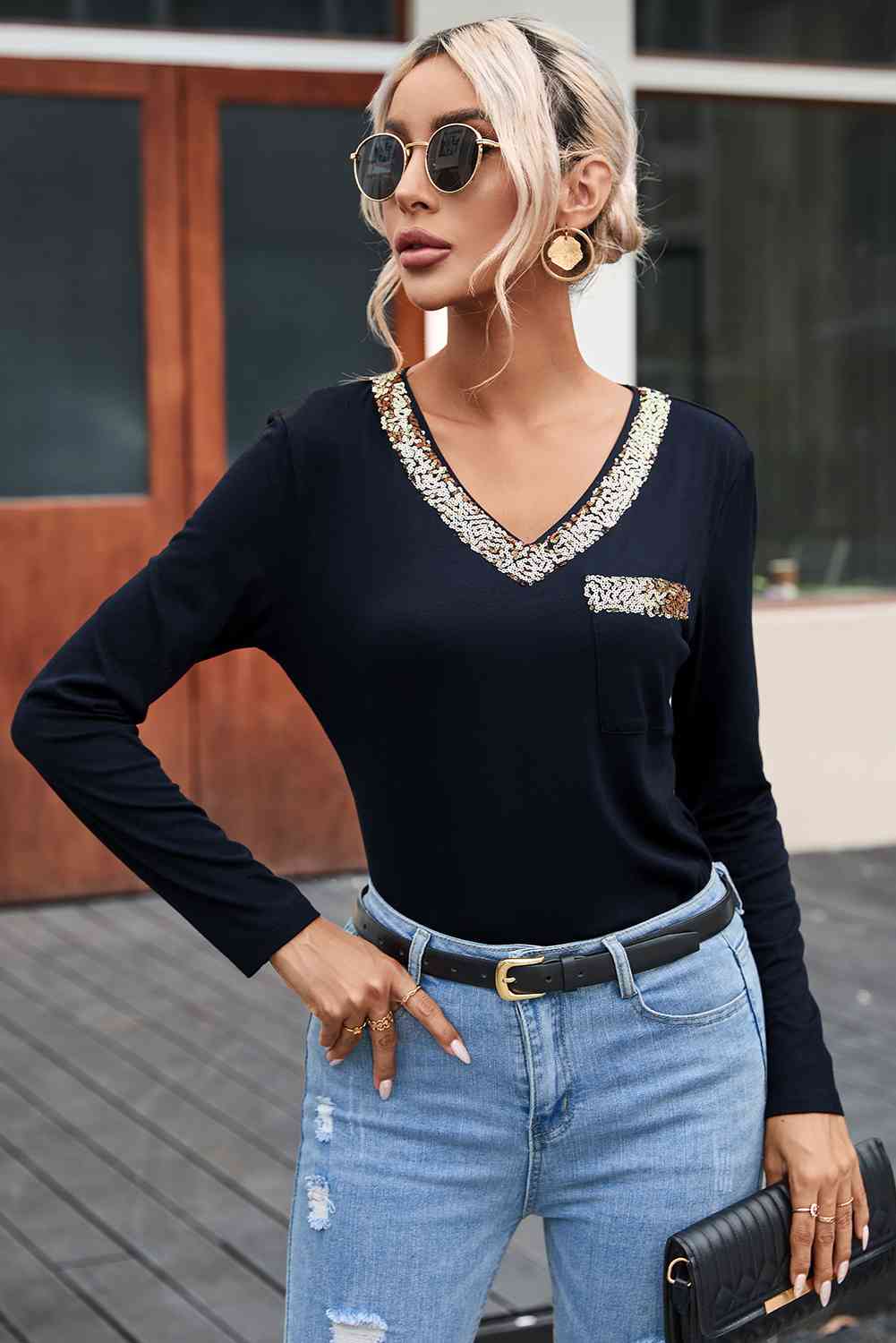 Sequin Contrast Long Sleeve T-Shirt