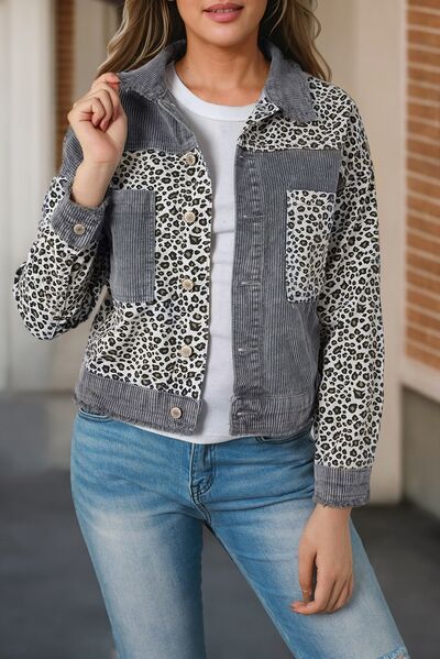 Ribbed Leopard Distressed Button Up Jacket