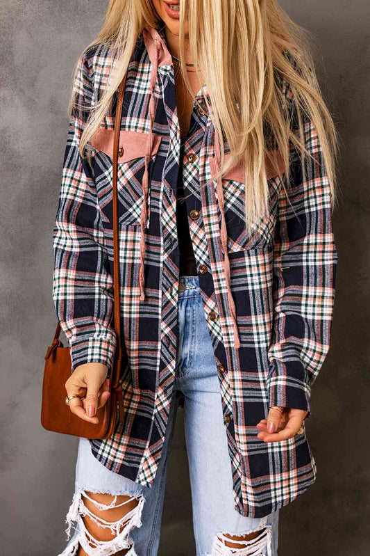 Plaid Drawstring Hooded Jacket with Pockets