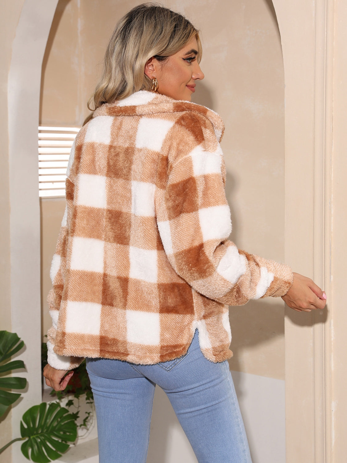 Plaid Collared Neck Drop Shoulder Coat