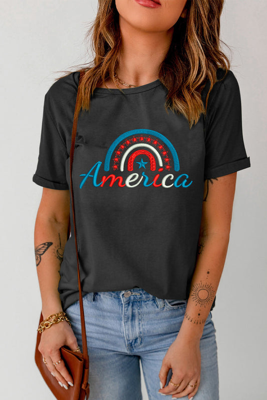 AMERICA Embroidered Round Neck Cuffed Tee Shirt The Stout Steer