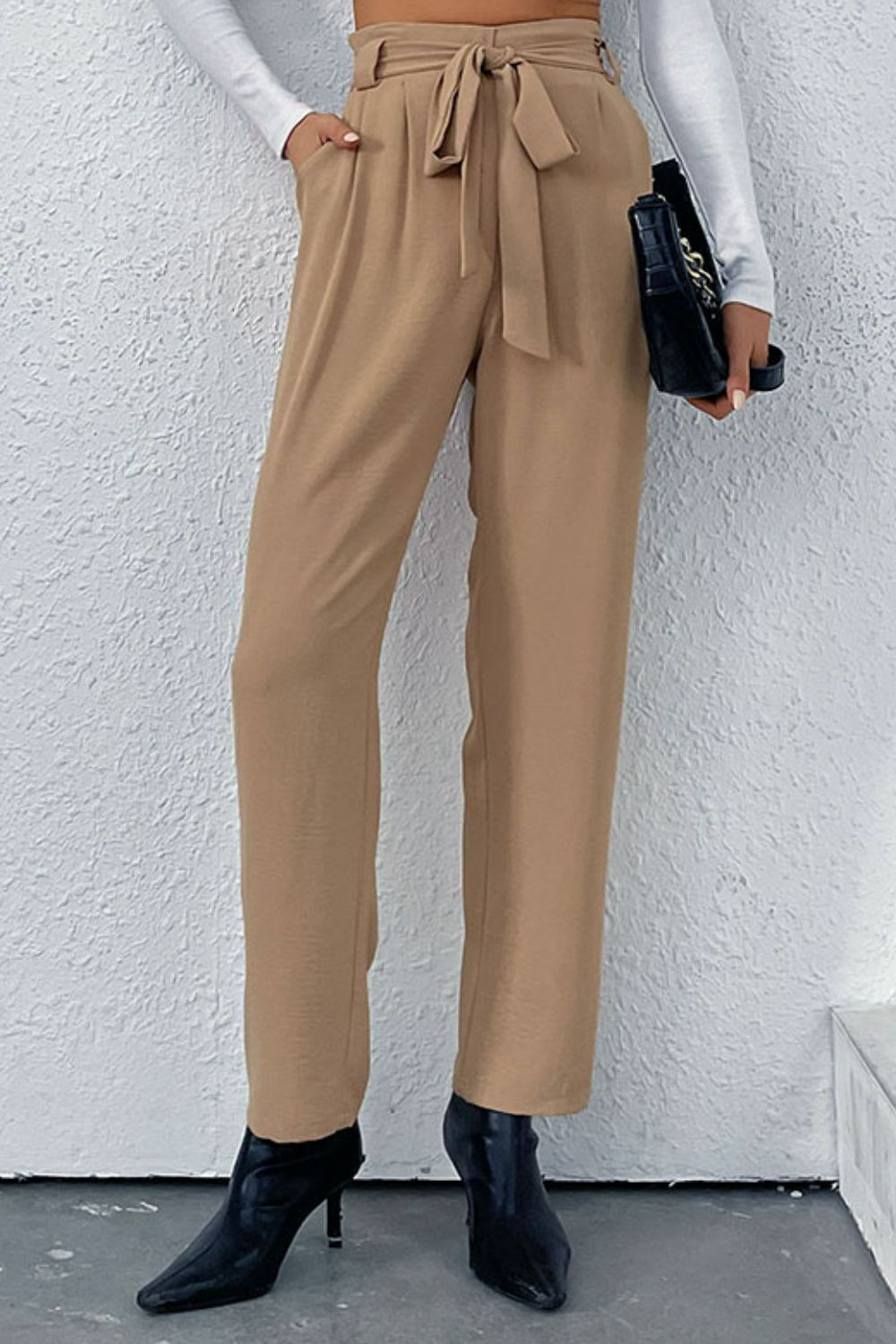 Belted Straight Leg Pants with Pockets The Stout Steer