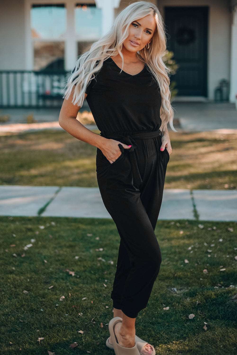 Belted V-Neck Jogger Jumpsuit The Stout Steer