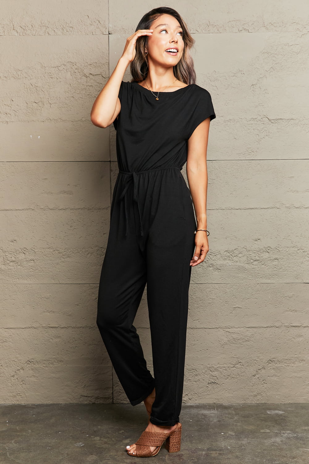 Boat Neck Short Sleeve Jumpsuit with Pockets The Stout Steer