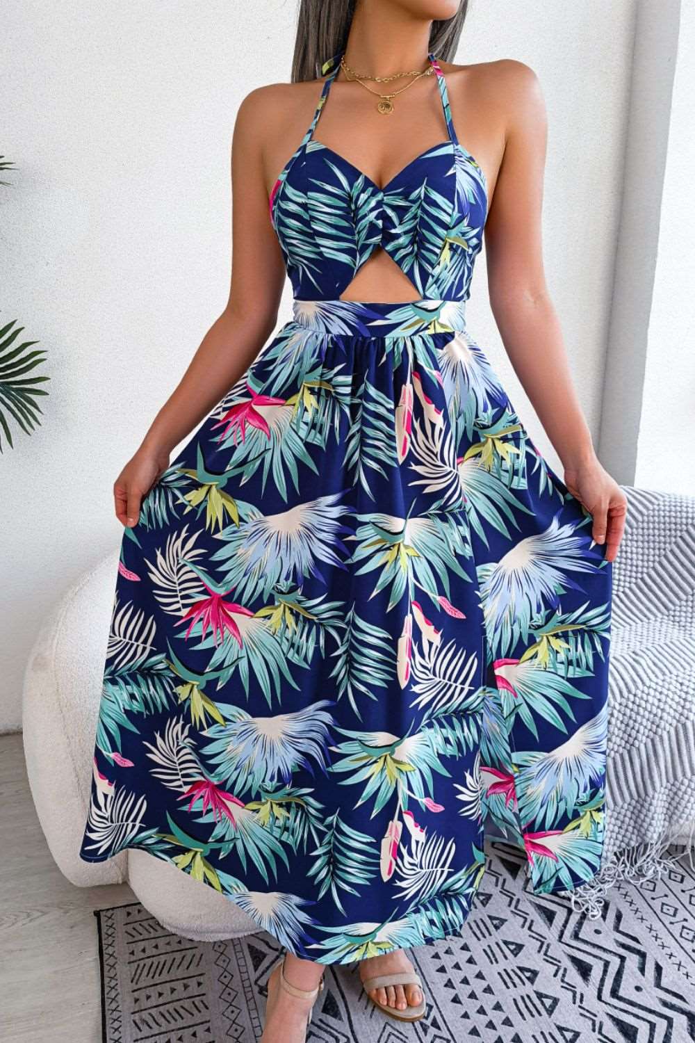 Botanical Print Tied Backless Cutout Slit Dress The Stout Steer Botanical Print Tied Backless Cutout Slit Dress The Stout Steer