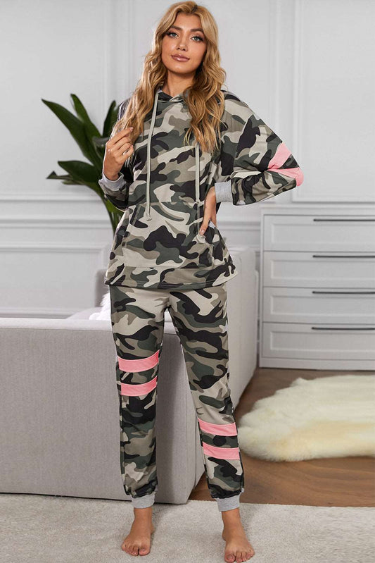 Camouflage Contrast Detail Hoodie and Joggers Lounge Set The Stout Steer