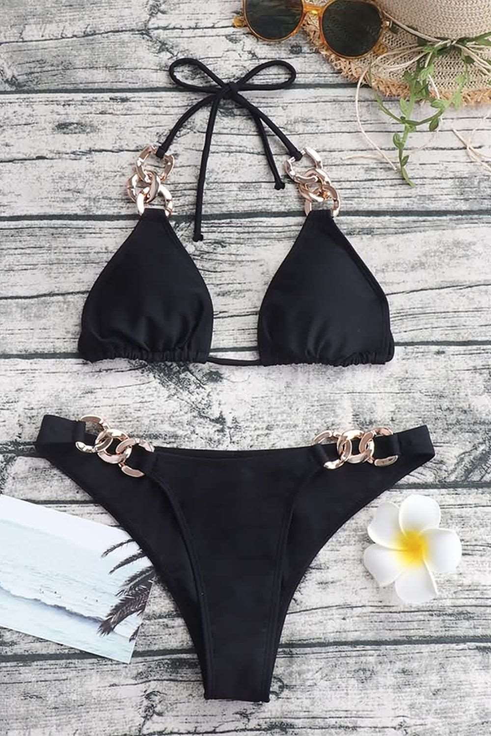 Chain Detail Tied Halter Neck Bikini Set The Stout Steer