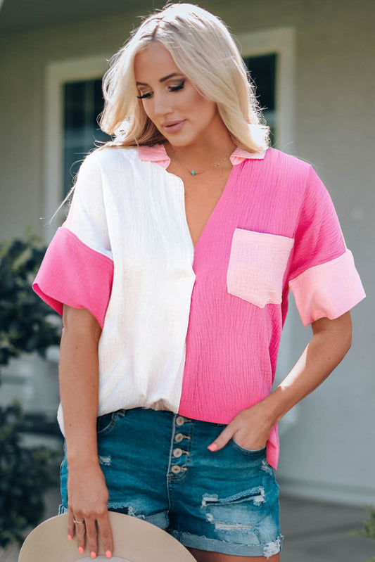 Color Block Textured Johnny Collar Blouse The Stout Steer