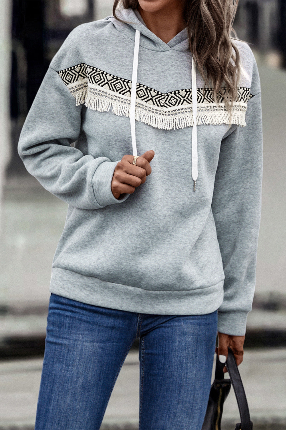 Contrast Fringe Detail Dropped Shoulder Hoodie The Stout Steer