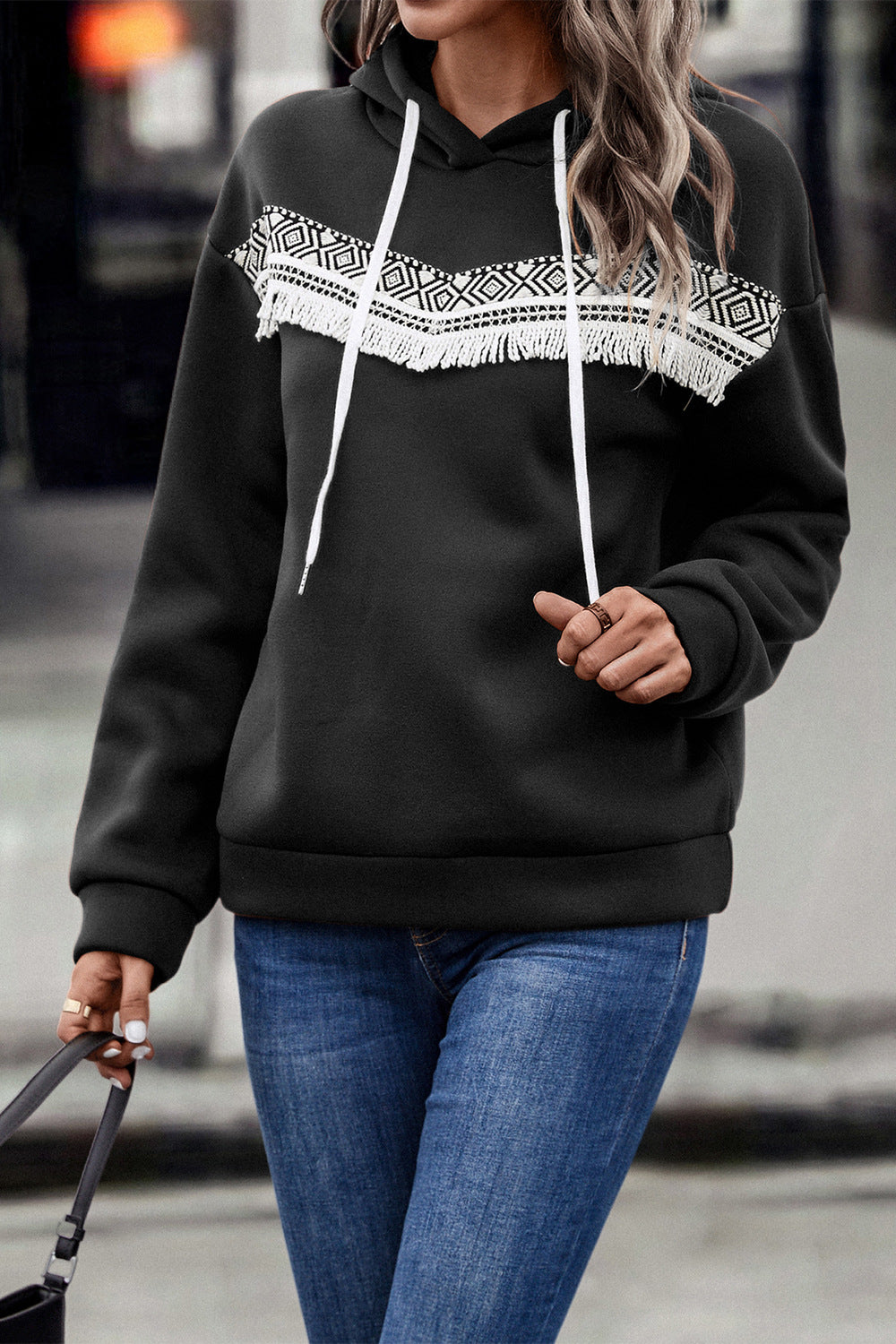 Contrast Fringe Detail Dropped Shoulder Hoodie The Stout Steer