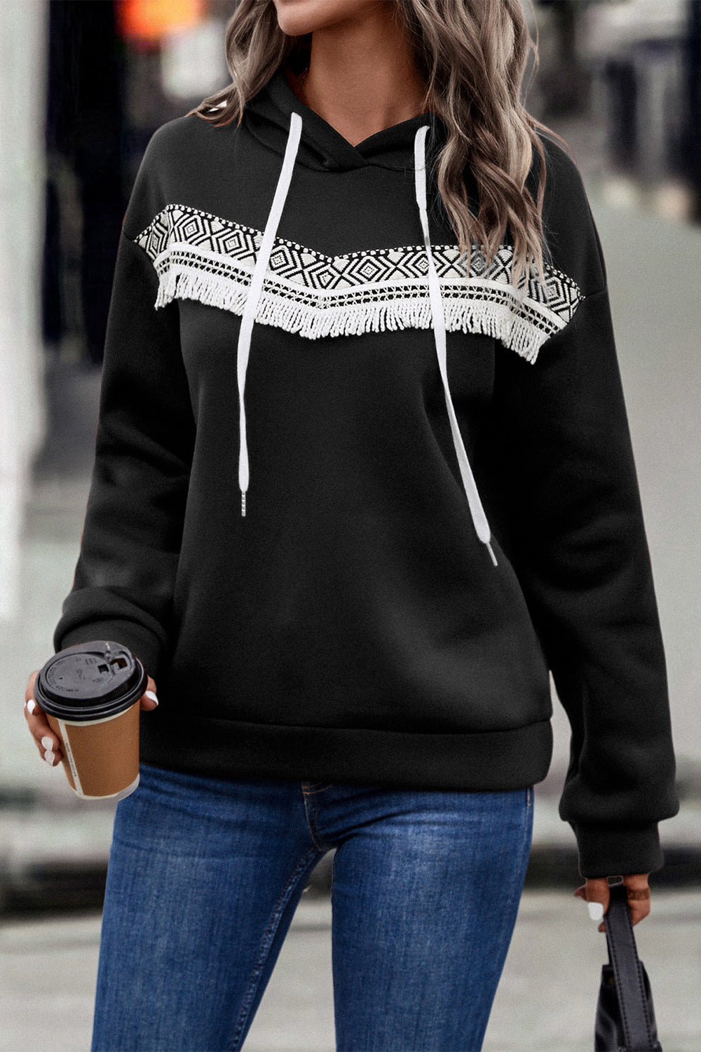 Contrast Fringe Detail Dropped Shoulder Hoodie The Stout Steer