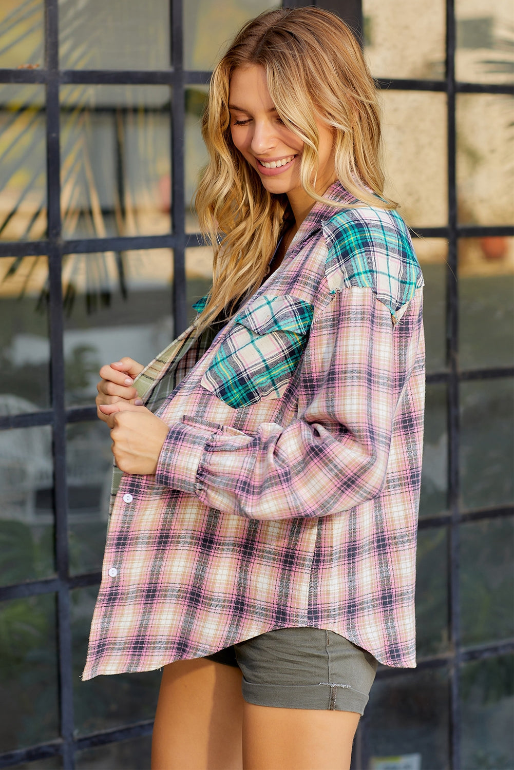 Contrast Plaid Long Sleeve Collared Neck Shirt The Stout Steer