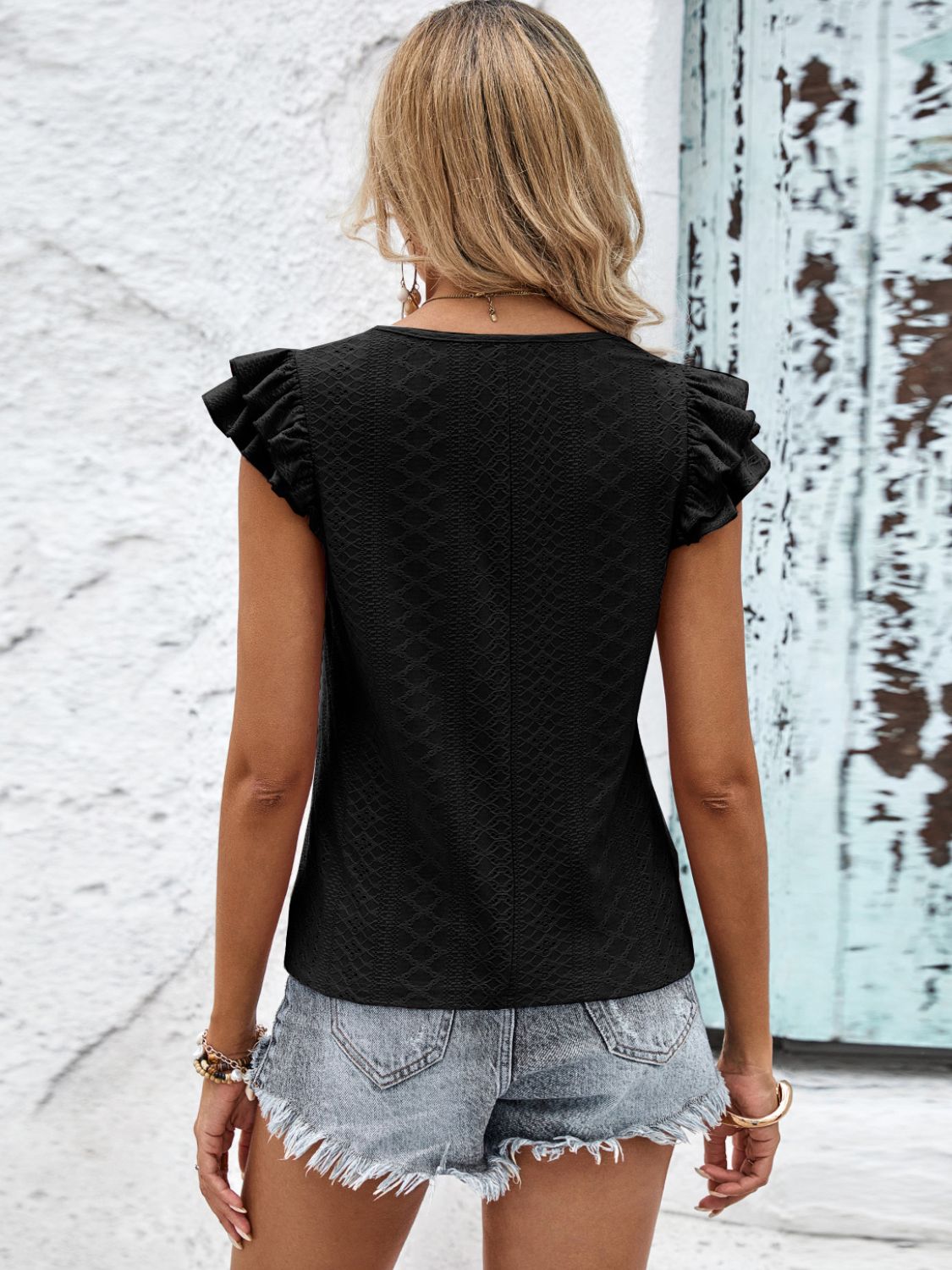 Contrast V-Neck Eyelet Top The Stout Steer