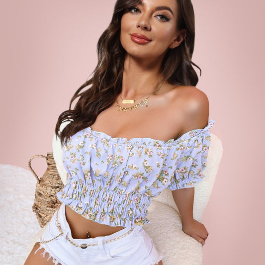 Cropped Off-Shoulder Frill Trim Smocked Blouse The Stout Steer