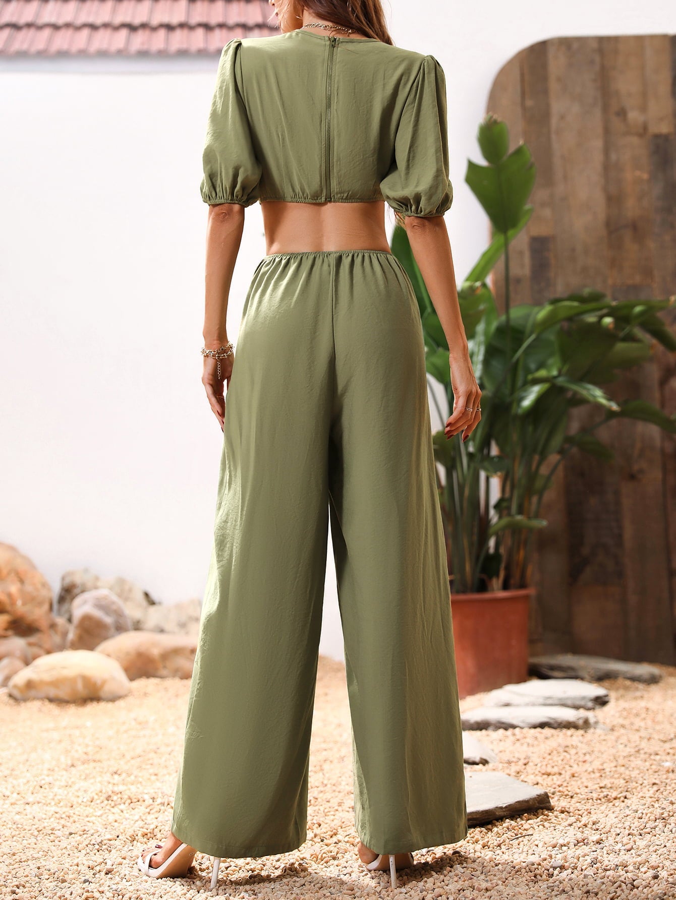 Cutout V-Neck Balloon Sleeve Jumpsuit The Stout Steer