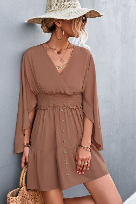 Decorative Button Smocked Waist Surplice Dress The Stout Steer
