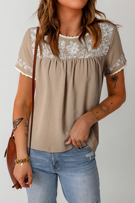 Embroidered Round Neck Short Sleeve Blouse The Stout Steer