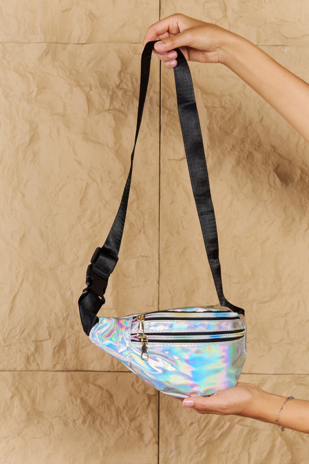 Fame Good Vibrations Holographic Double Zipper Fanny Pack in Silver The Stout Steer