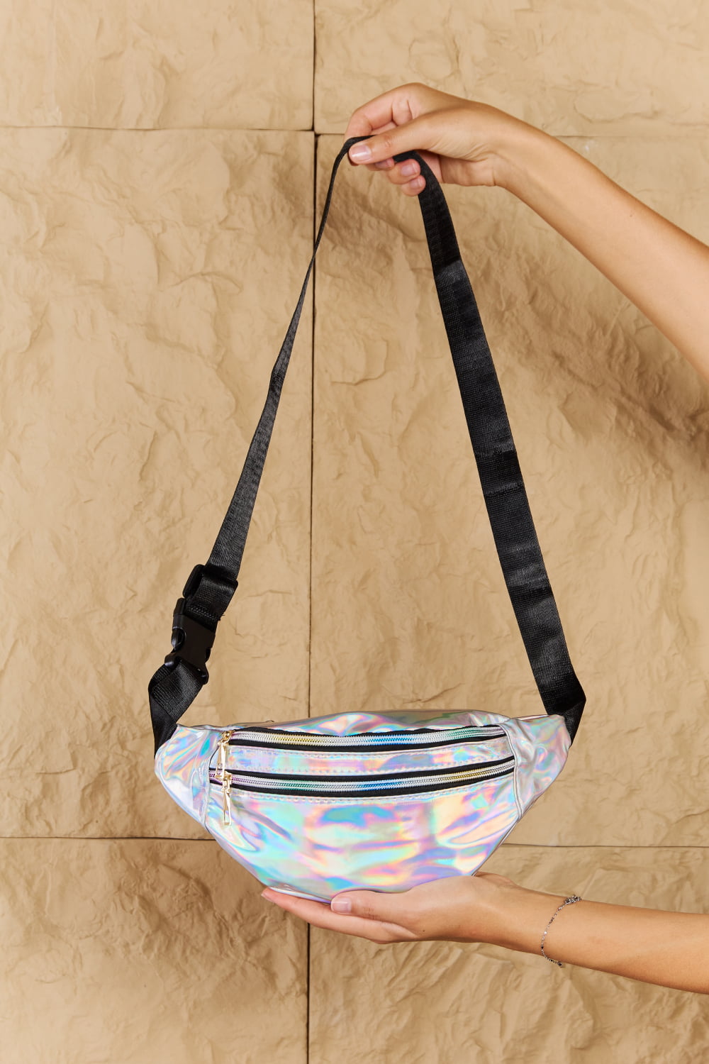 Fame Good Vibrations Holographic Double Zipper Fanny Pack in Silver The Stout Steer