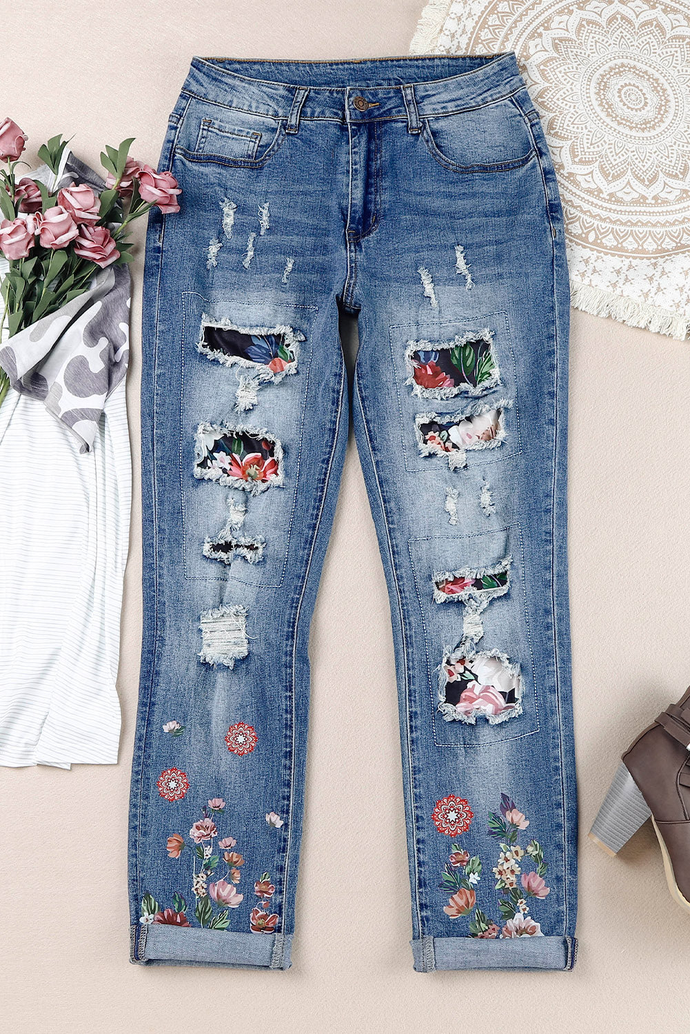Floral Graphic Patchwork Distressed Jeans The Stout Steer
