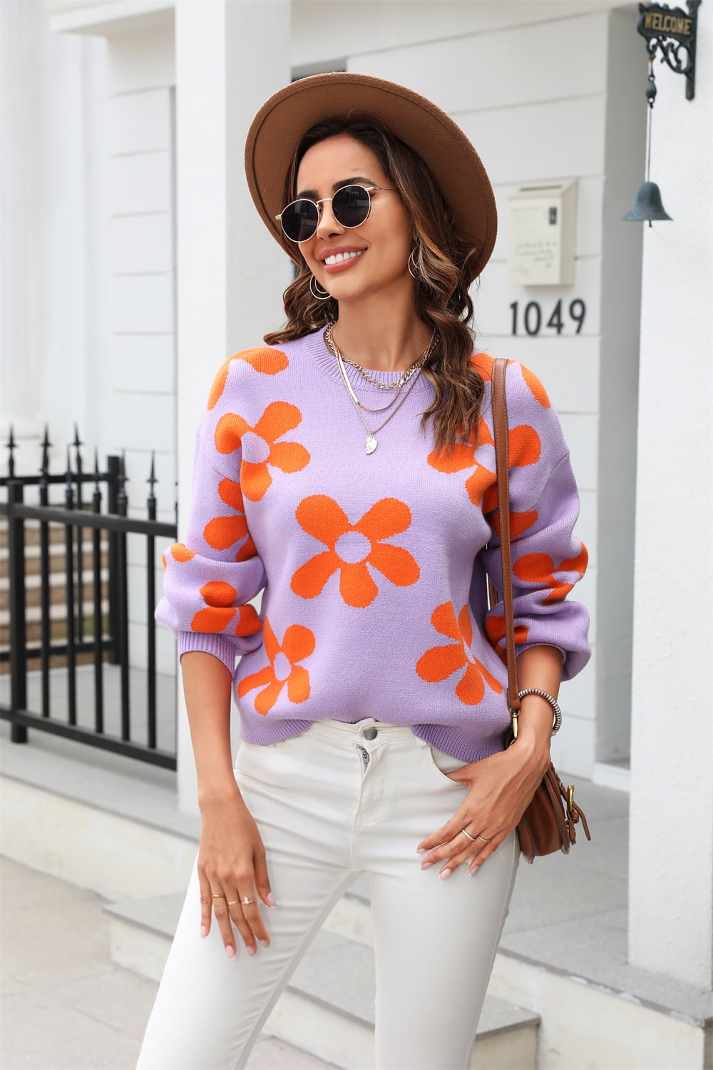 Floral Print Round Neck Dropped Shoulder Pullover Sweater The Stout Steer