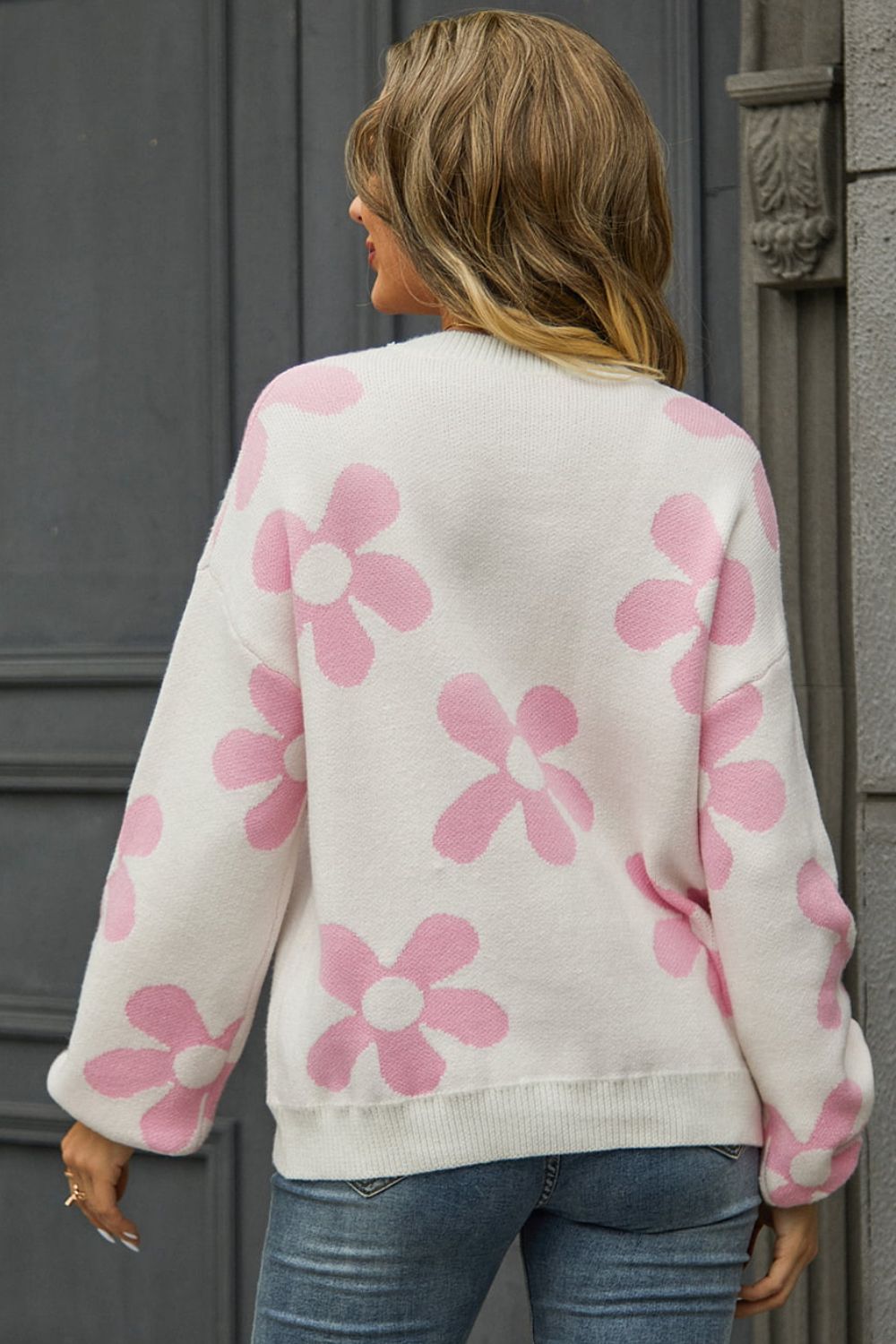 Floral Print Round Neck Dropped Shoulder Pullover Sweater The Stout Steer