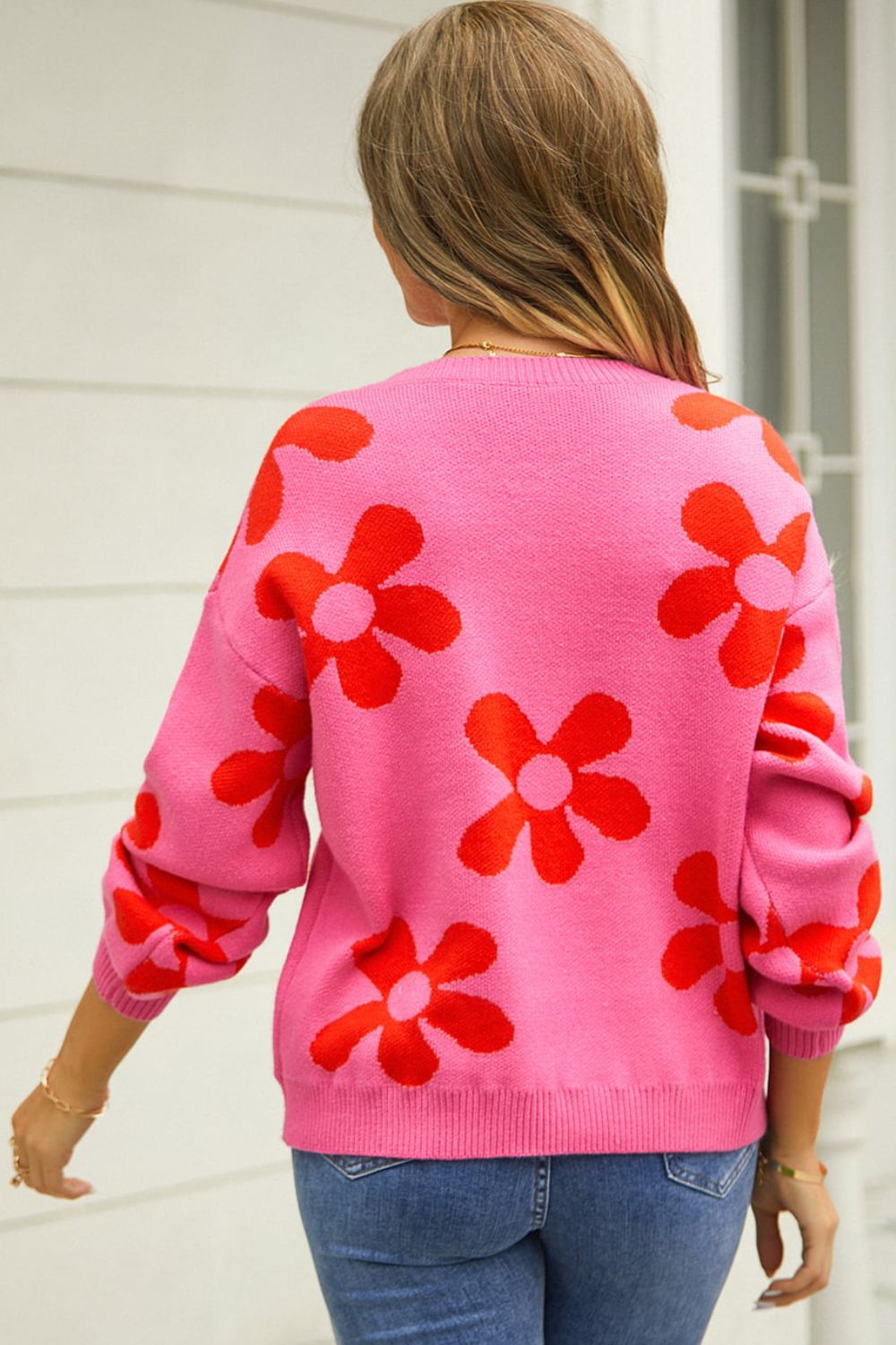 Floral Print Round Neck Dropped Shoulder Pullover Sweater The Stout Steer