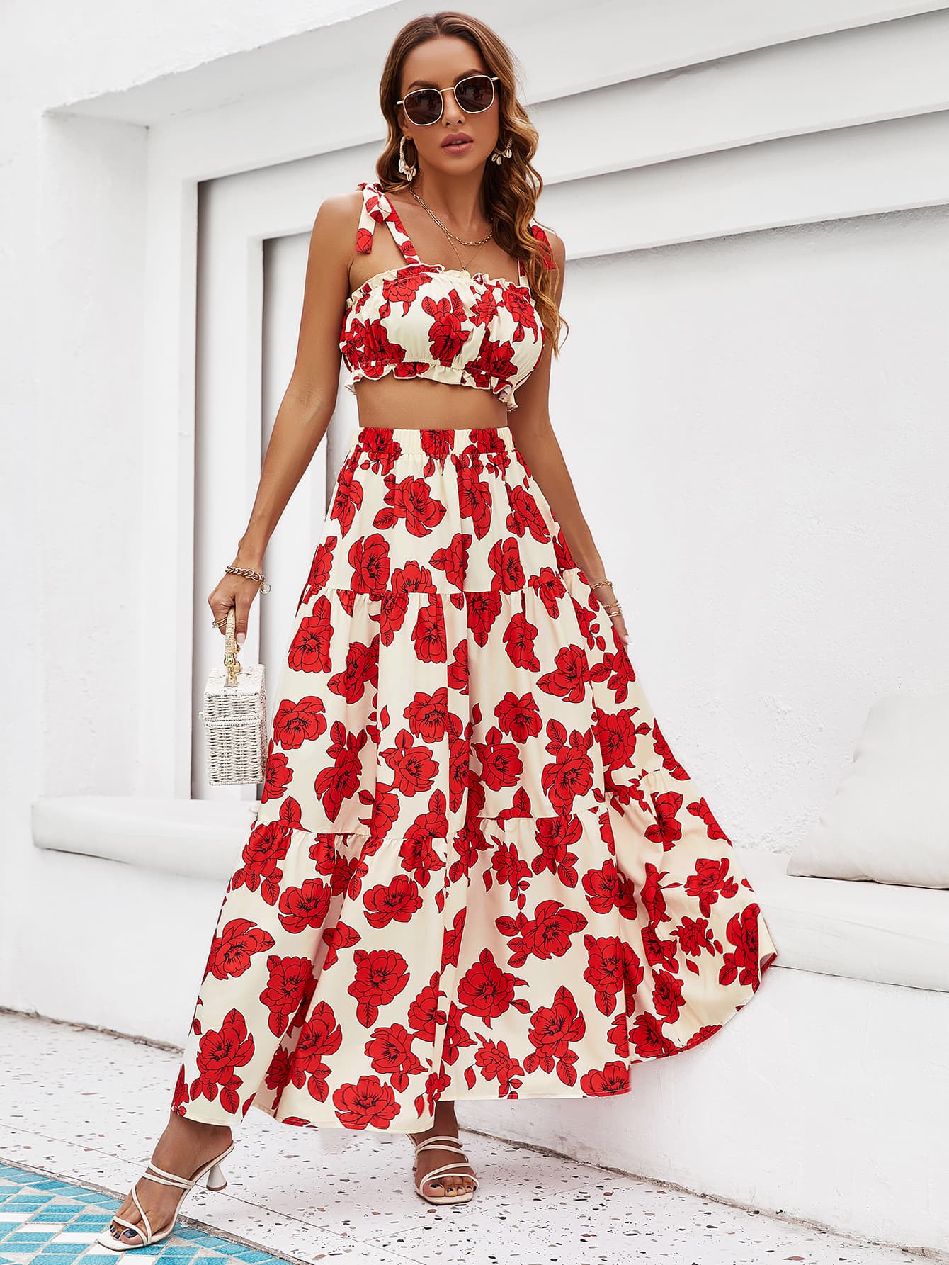 Floral Tie Shoulder Top and Tiered Maxi Skirt Set The Stout Steer