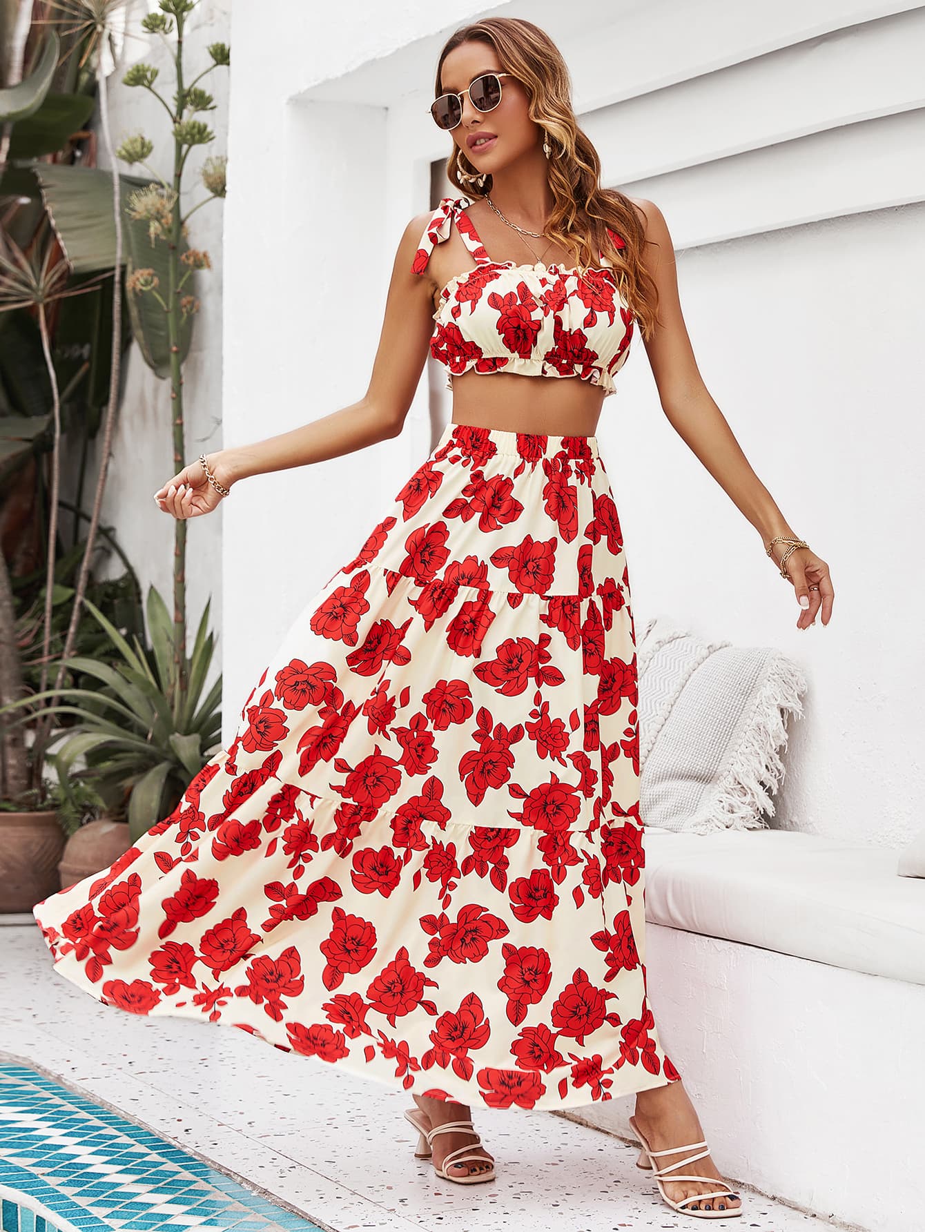 Floral Tie Shoulder Top and Tiered Maxi Skirt Set The Stout Steer