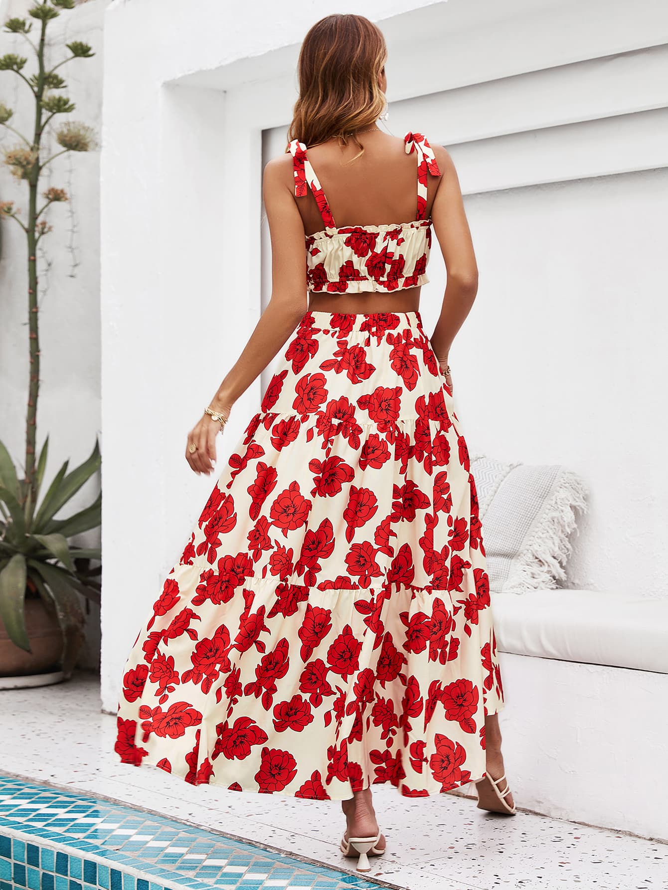 Floral Tie Shoulder Top and Tiered Maxi Skirt Set The Stout Steer