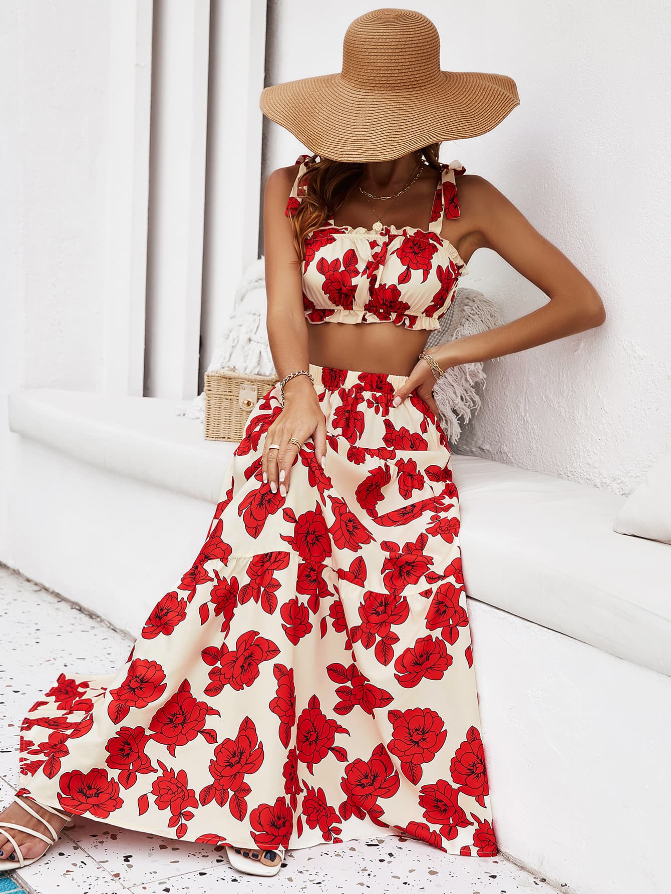 Floral Tie Shoulder Top and Tiered Maxi Skirt Set The Stout Steer