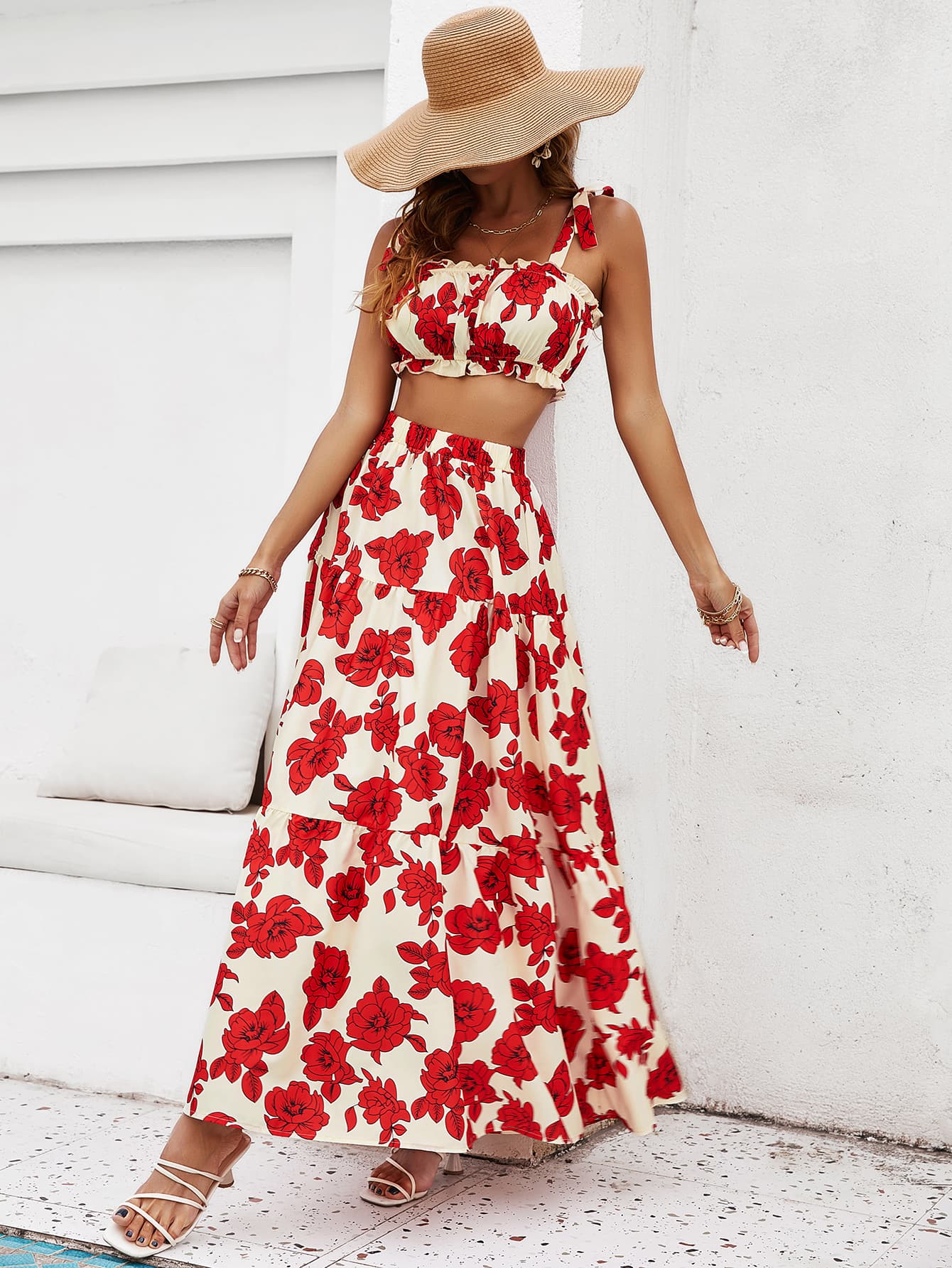 Floral Tie Shoulder Top and Tiered Maxi Skirt Set The Stout Steer