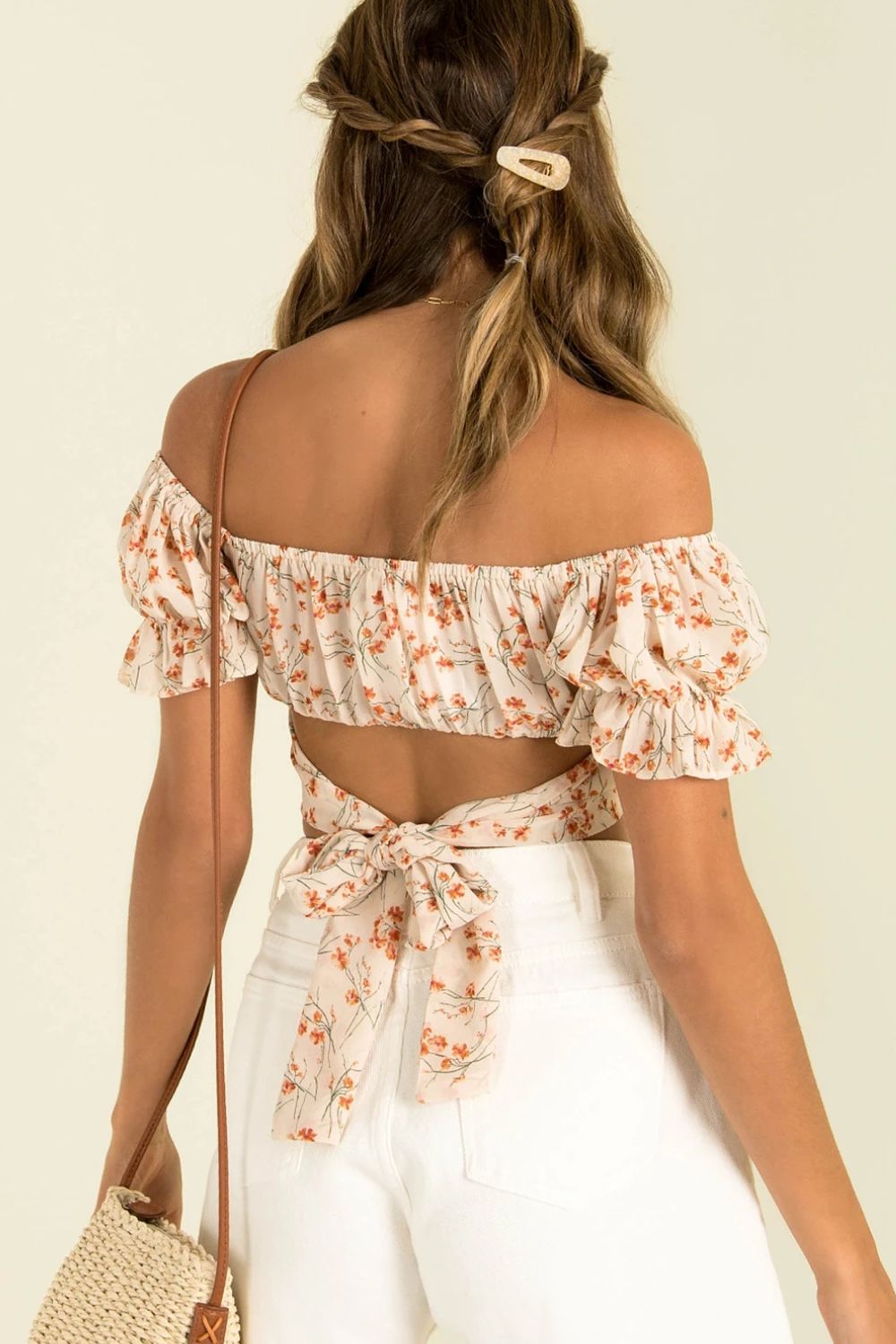 Flower Print Ruffle Trim Off-Shoulder Back Tie Blouse The Stout Steer