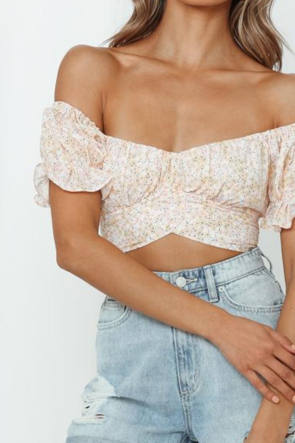 Flower Print Ruffle Trim Off-Shoulder Back Tie Blouse The Stout Steer