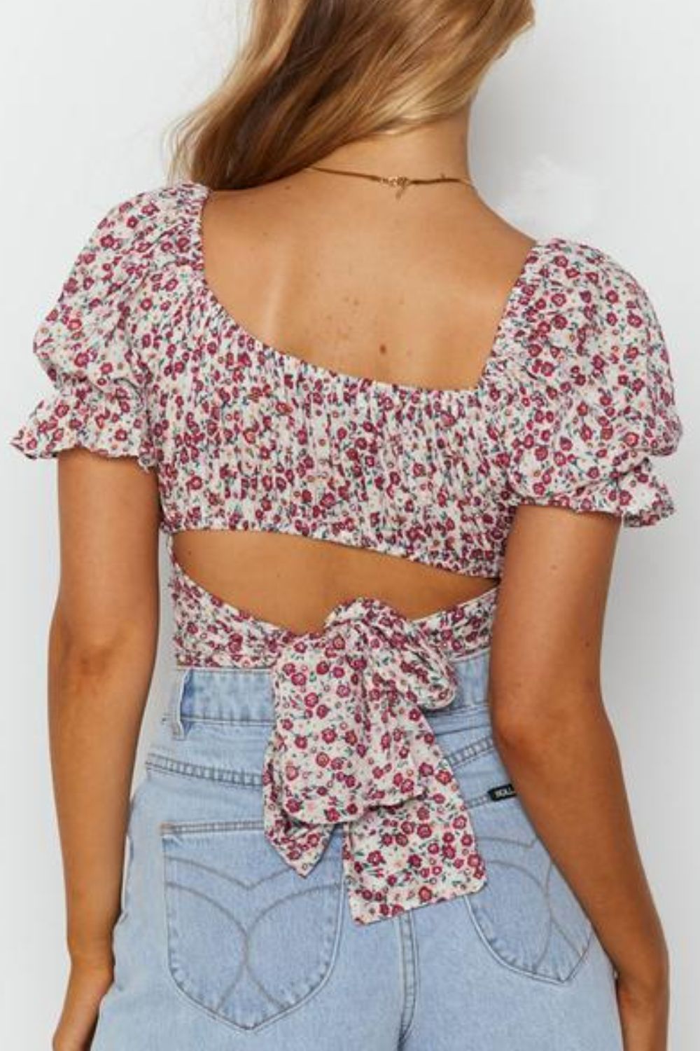 Flower Print Ruffle Trim Off-Shoulder Back Tie Blouse The Stout Steer