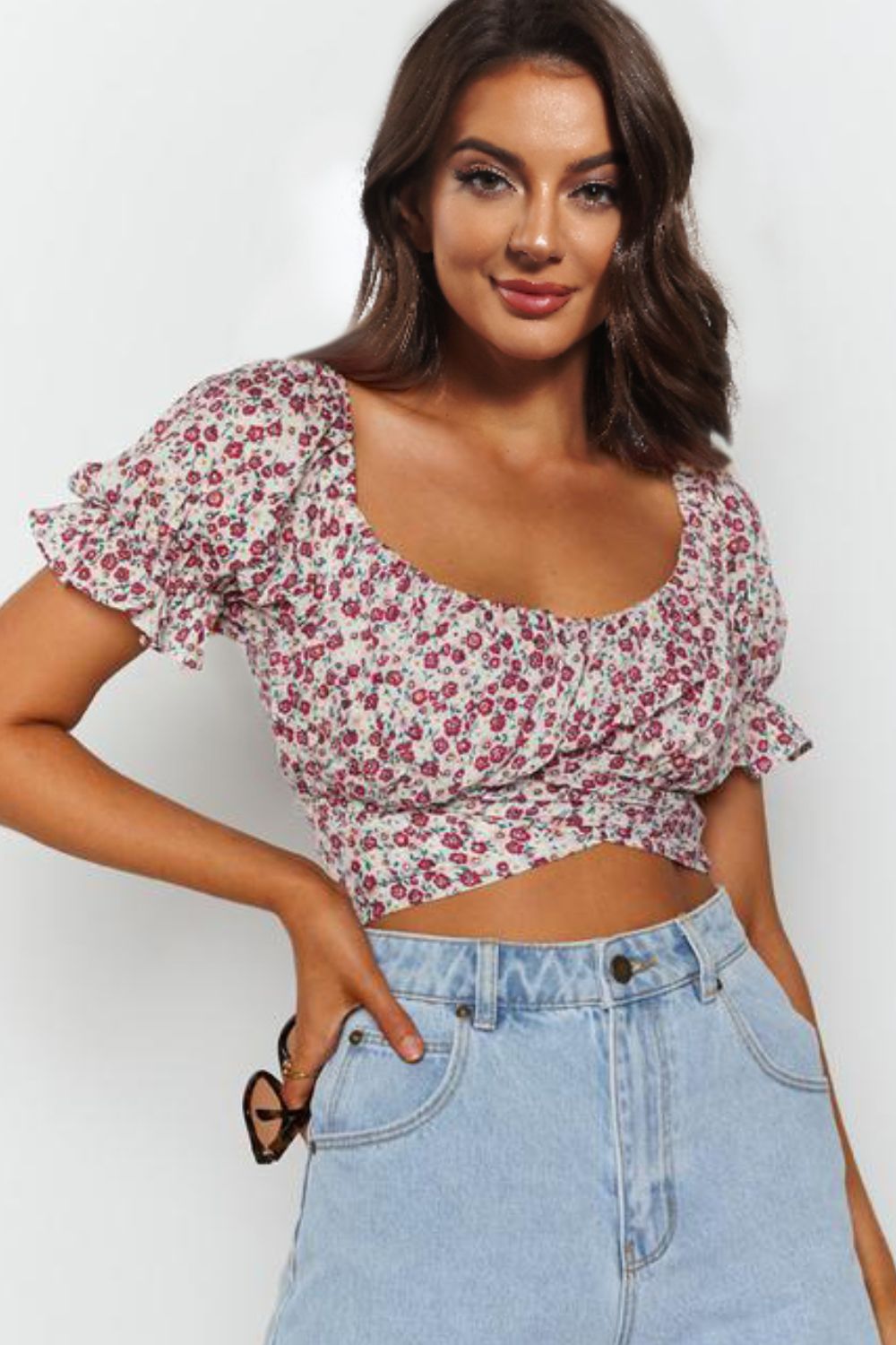 Flower Print Ruffle Trim Off-Shoulder Back Tie Blouse The Stout Steer