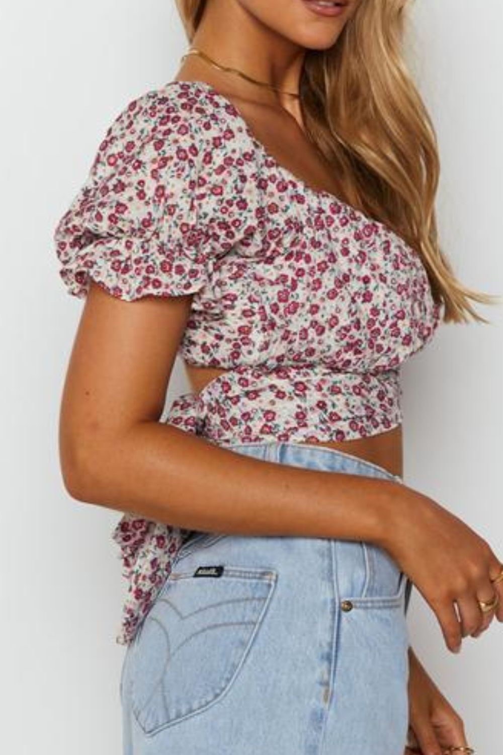 Flower Print Ruffle Trim Off-Shoulder Back Tie Blouse The Stout Steer