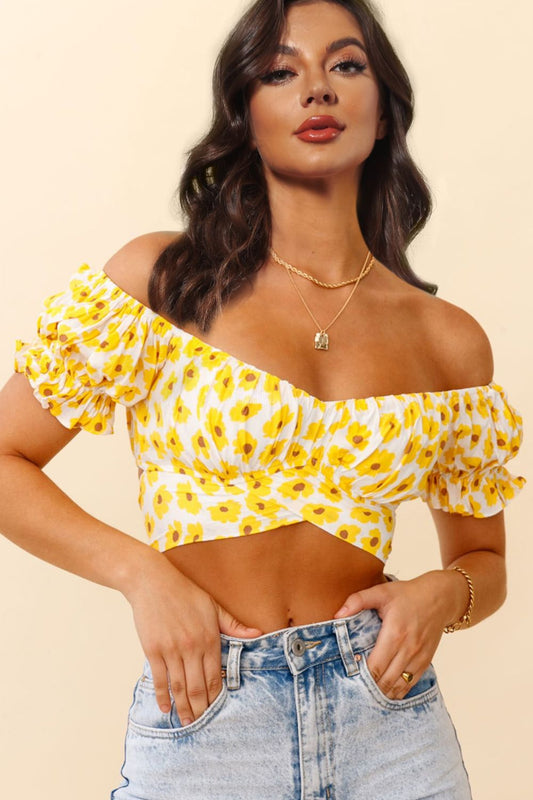 Flower Print Ruffle Trim Off-Shoulder Back Tie Blouse The Stout Steer