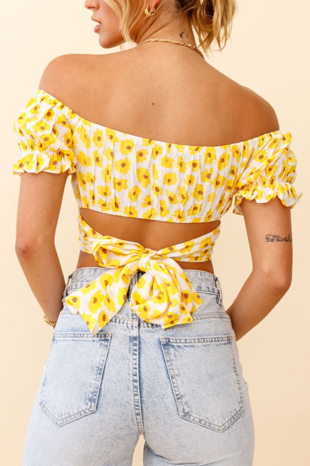 Flower Print Ruffle Trim Off-Shoulder Back Tie Blouse The Stout Steer